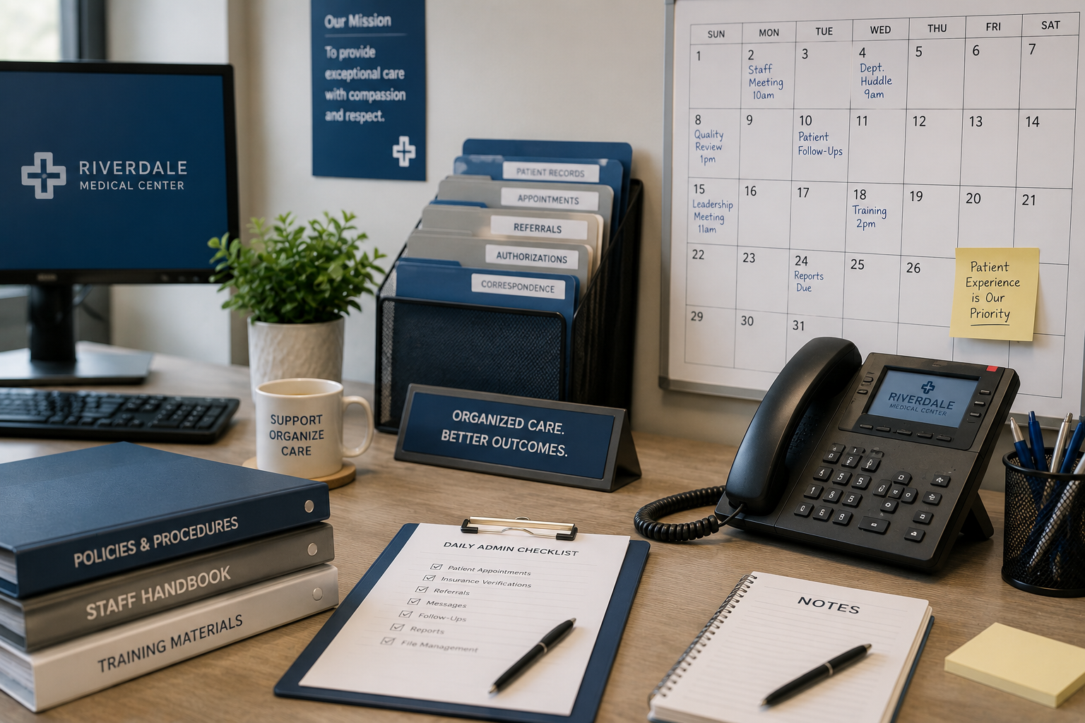 An organized hospital administrative desk with files, a calendar, and a phone