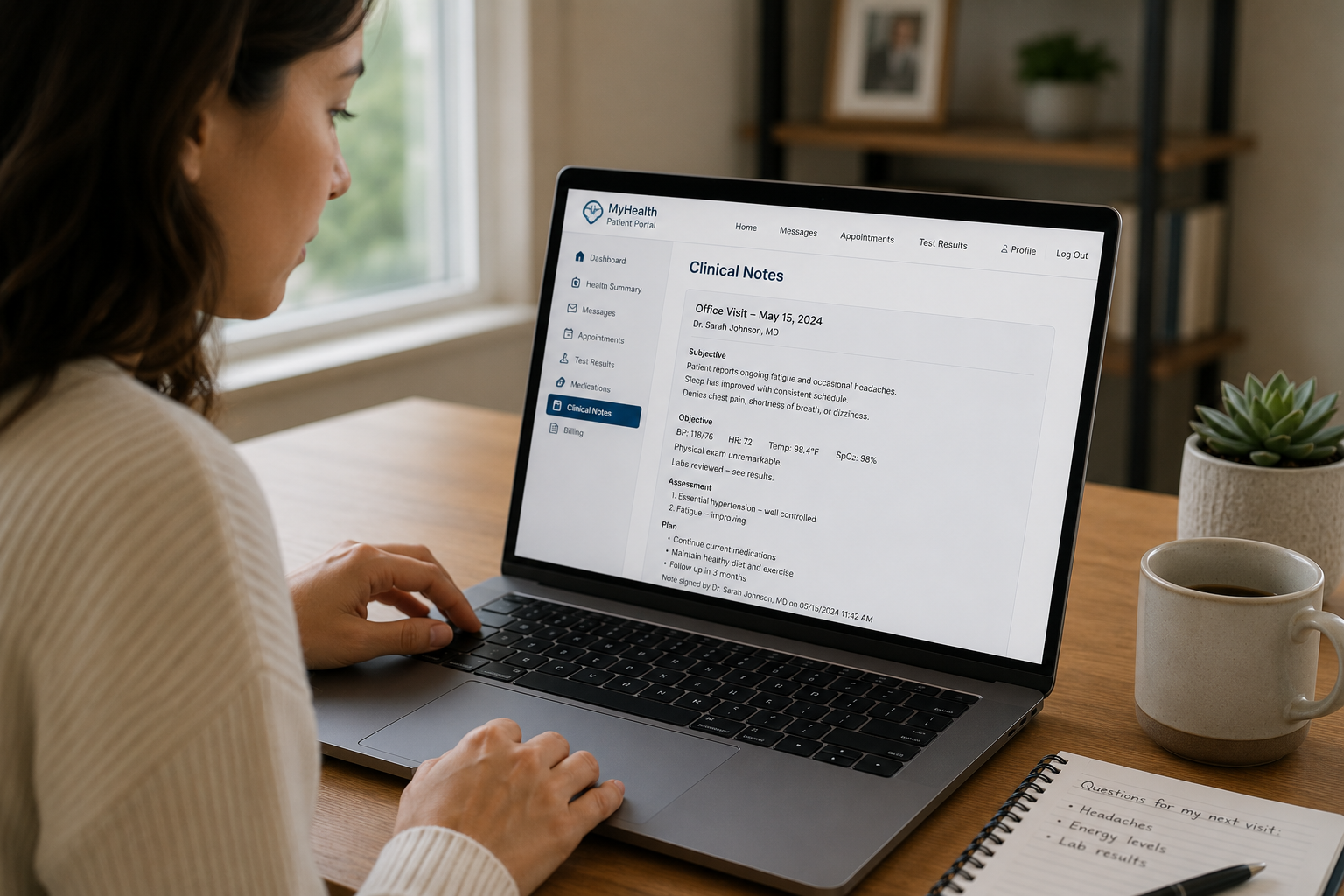A person reading clinical notes on a laptop patient portal