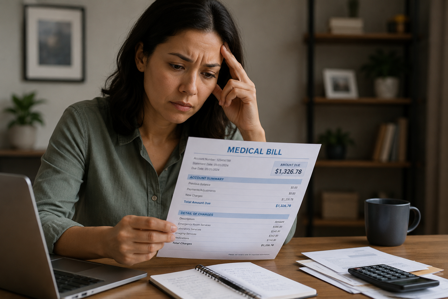 A person reviewing an itemized medical bill at a desk