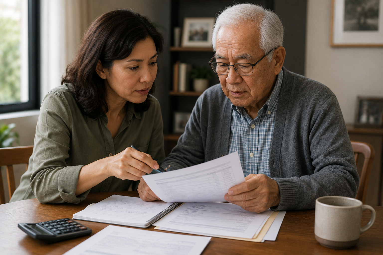 An adult child sitting with an elderly parent reviewing paperwork together