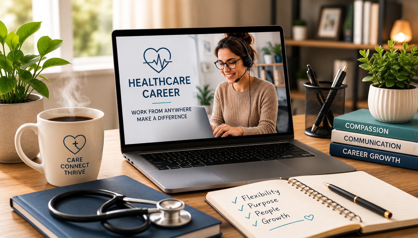 A laptop and coffee on a home desk representing a remote healthcare career